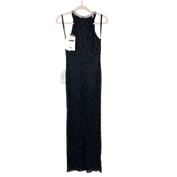 FLAWED - NWT Mac Duggal Beaded Sleeveless High Neck Column Gown Black 4 #8517 - Picture 6 of 13